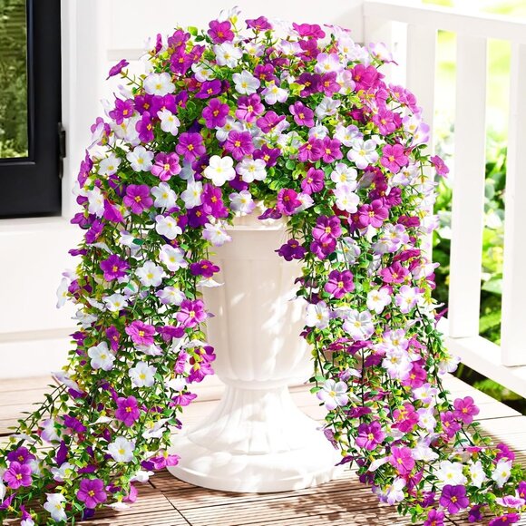 4-Pcs Fuchsia Summer Artificial Silk Faux Violet Flowers Hanging Plants Decor
